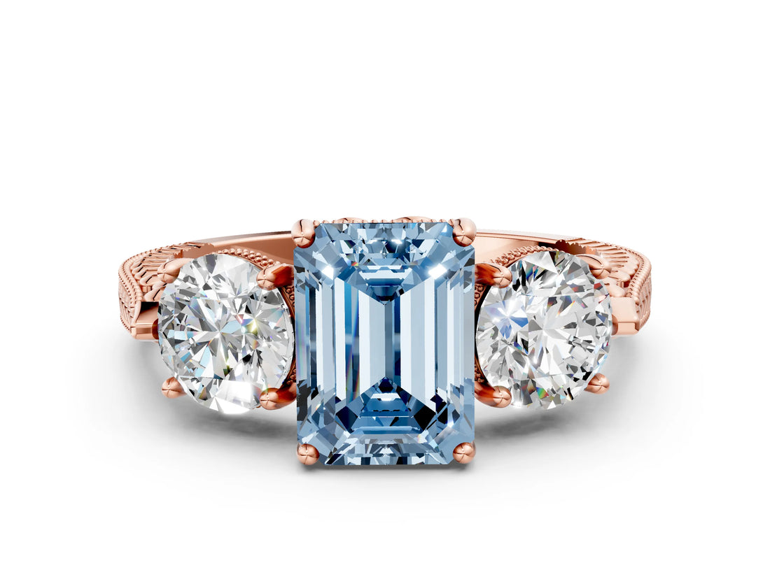 Rose gold Three-Stone Fancy Blue Emerald Cut Cut Milgrain Band Prong Setting Ring