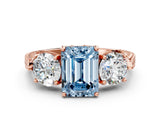 Rose gold Three-Stone Fancy Blue Emerald Cut Cut Milgrain Band Prong Setting Ring