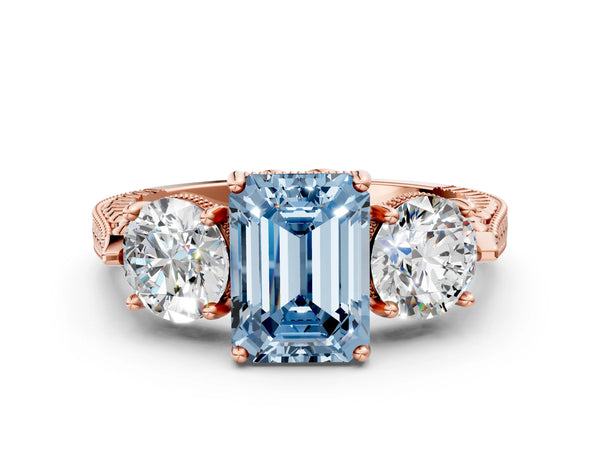 Rose Gold Emerald Cut Vintage Three Stone Engagement Ring Setting for Fancy Blue Center