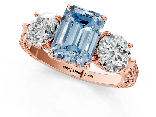 Rose Gold Emerald Cut Vintage Three Stone Engagement Ring Setting for Fancy Blue Center