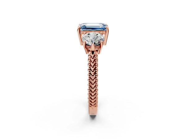Rose Gold Emerald Cut Vintage Three Stone Engagement Ring Setting for Fancy Blue Center