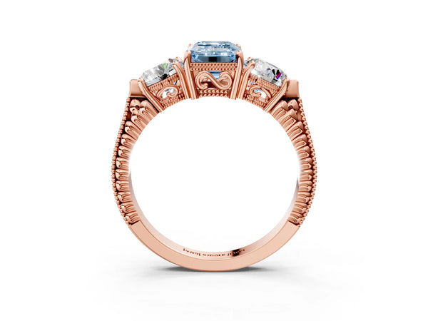 Rose Gold Emerald Cut Vintage Three Stone Engagement Ring Setting for Fancy Blue Center