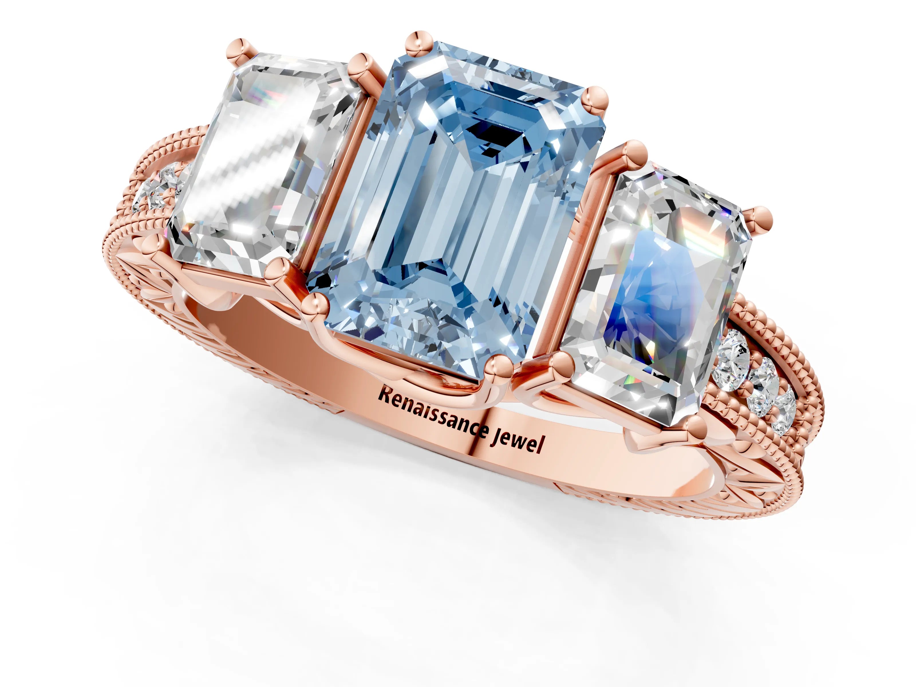 Rose gold Three-Stone Fancy Blue Emerald Cut Cut Milgrain Pavé Engagement Ring_1