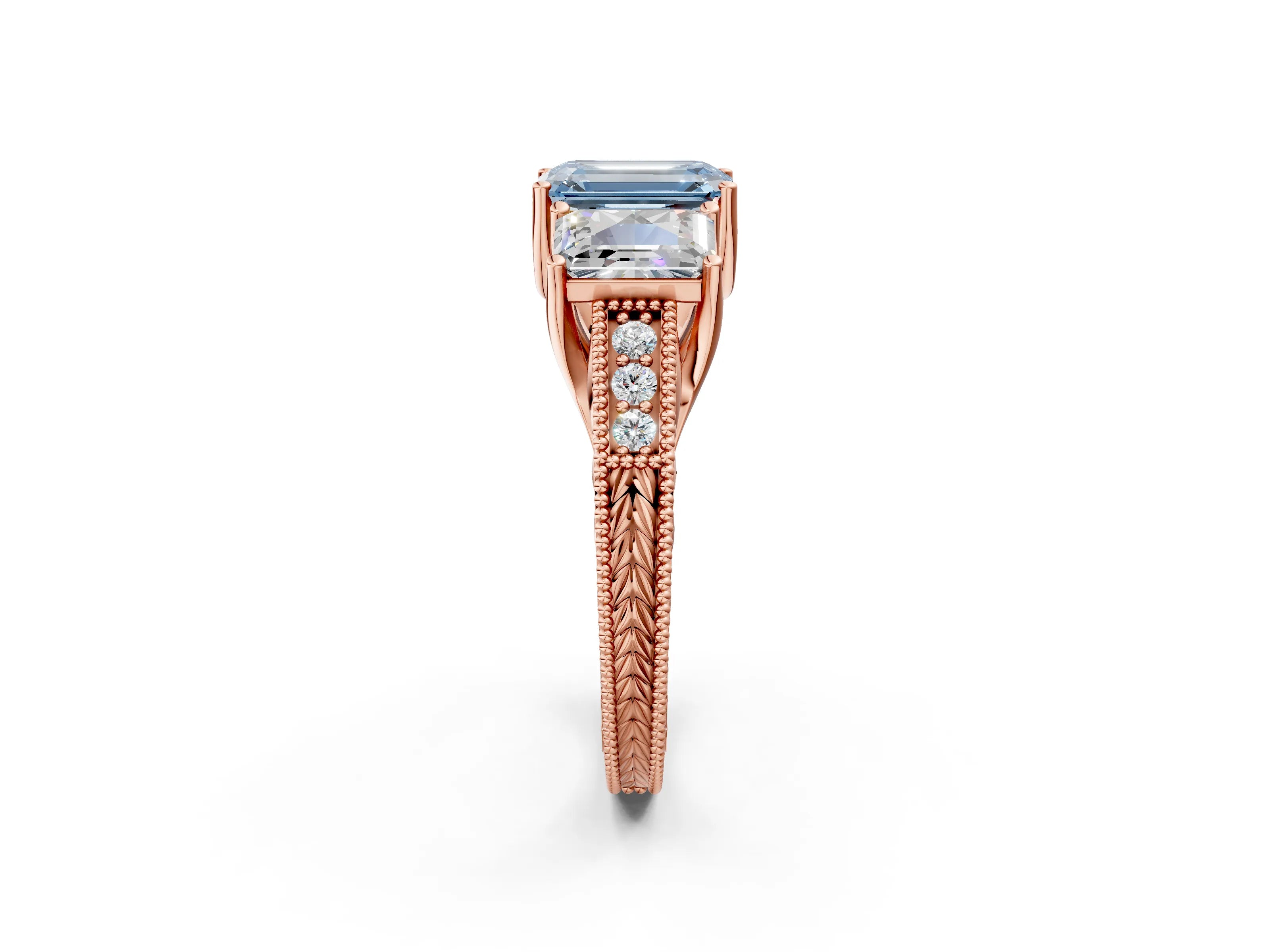Rose gold Three-Stone Fancy Blue Emerald Cut Cut Milgrain Pavé Engagement Ring_2