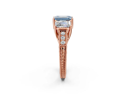 Rose gold Three-Stone Fancy Blue Emerald Cut Cut Milgrain Pavé Engagement Ring_26