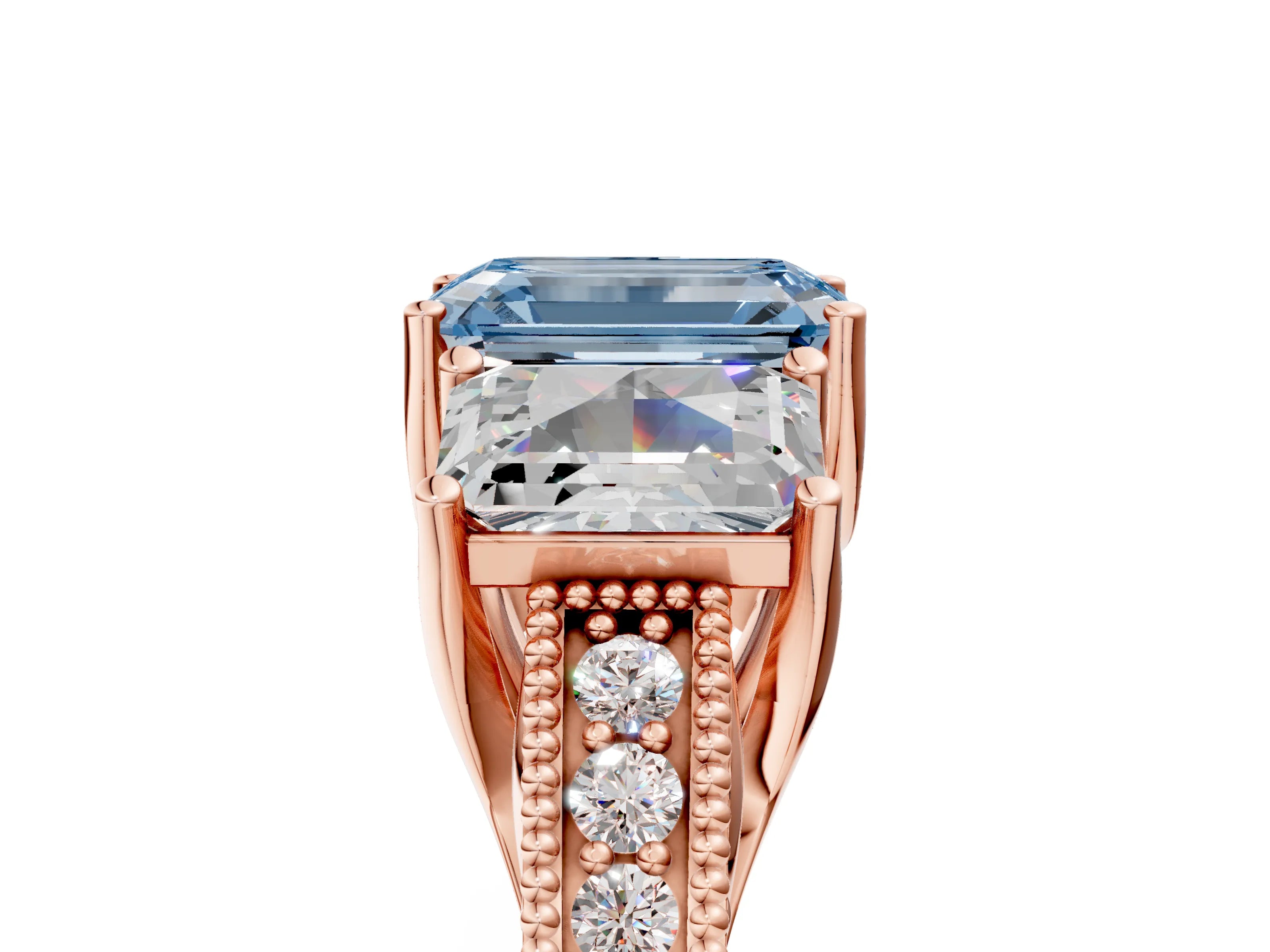 Rose gold Three-Stone Fancy Blue Emerald Cut Cut Milgrain Pavé Engagement Ring_29