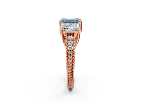 Rose gold Three-Stone Fancy Blue Emerald Cut Cut Milgrain Pavé Engagement Ring_2