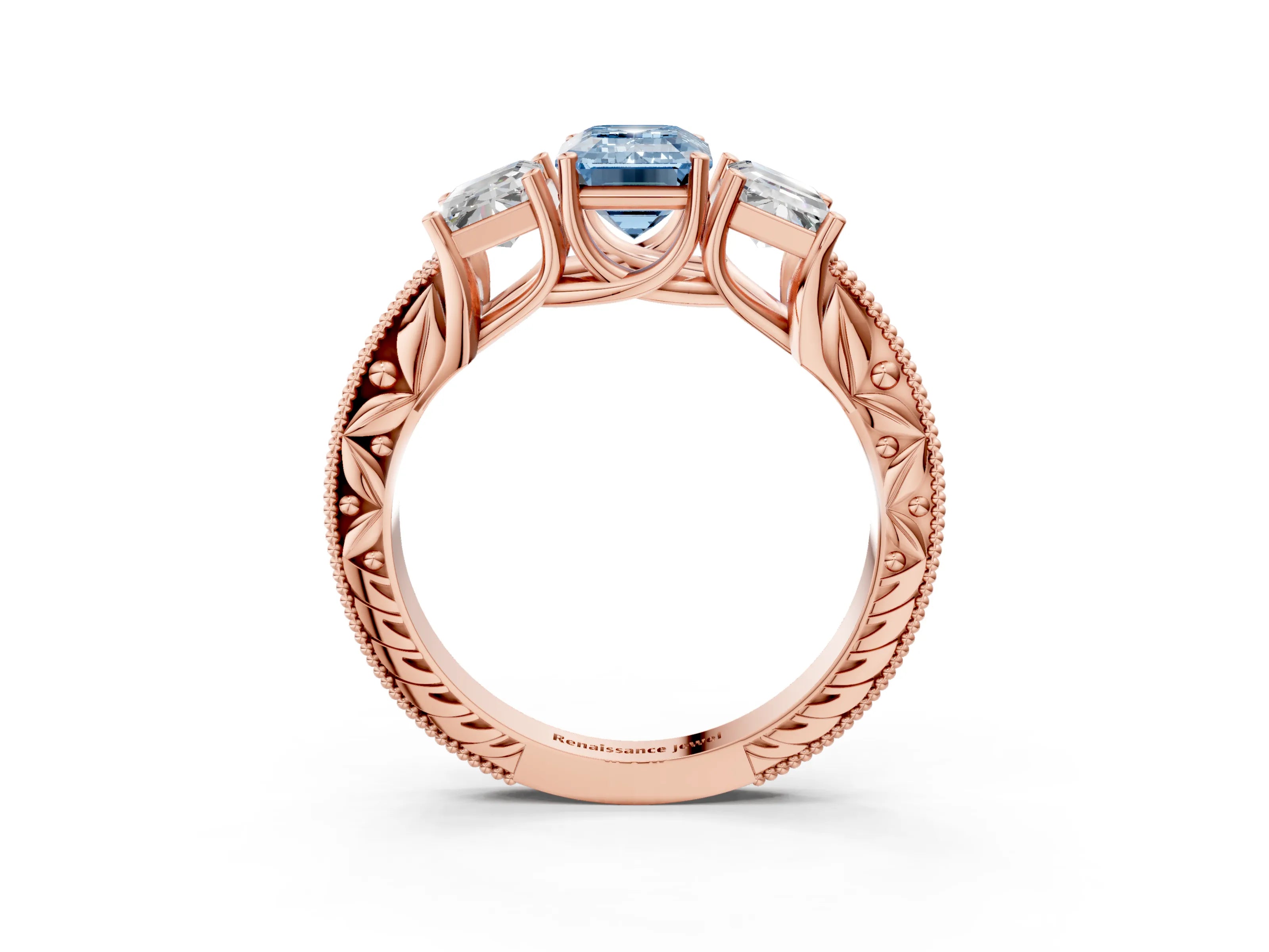 Rose gold Three-Stone Fancy Blue Emerald Cut Cut Milgrain Pavé Engagement Ring_3