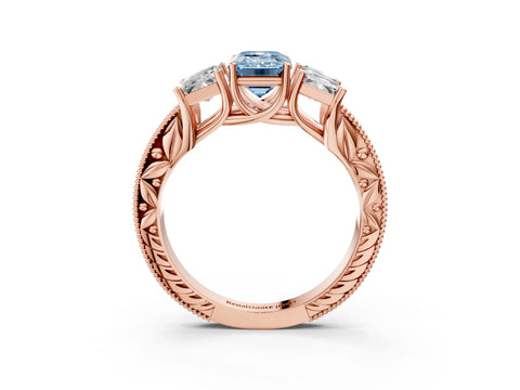 Rose gold Three-Stone Fancy Blue Emerald Cut Cut Milgrain Pavé Engagement Ring_3