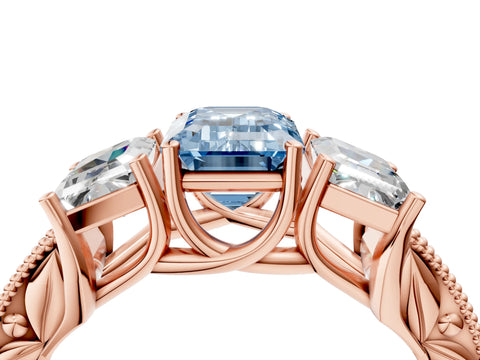 Rose gold Three-Stone Fancy Blue Emerald Cut Cut Milgrain Pavé Engagement Ring_4