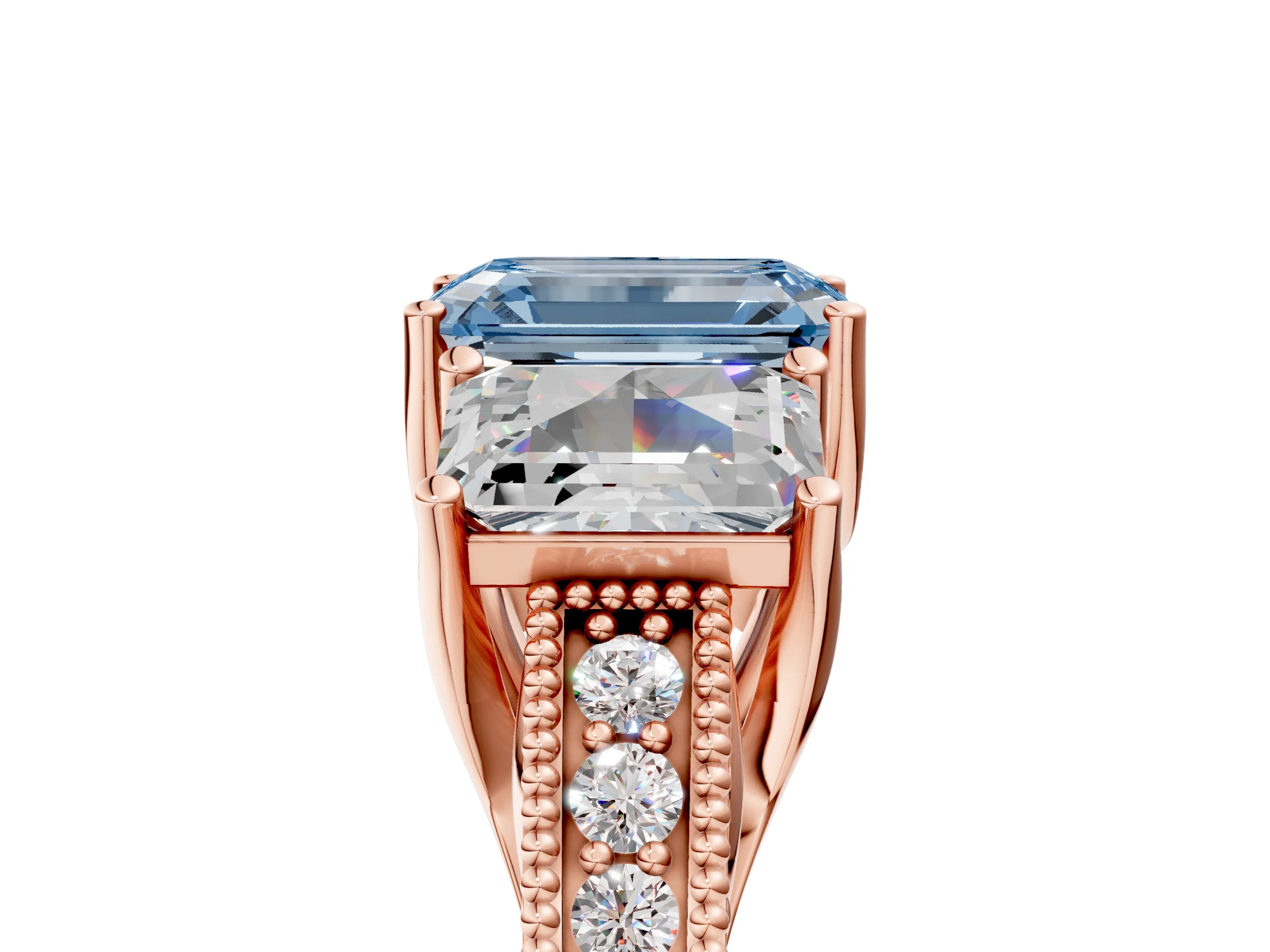 Rose gold Three-Stone Fancy Blue Emerald Cut Cut Milgrain Pavé Engagement Ring_5