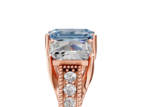 Rose gold Three-Stone Fancy Blue Emerald Cut Cut Milgrain Pavé Engagement Ring_5