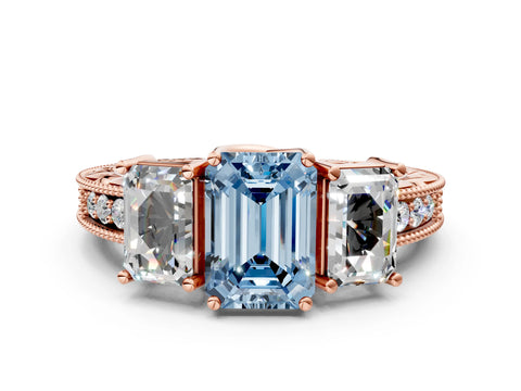 Rose gold Three-Stone Fancy Blue Emerald Cut Cut Milgrain Pavé Engagement Ring