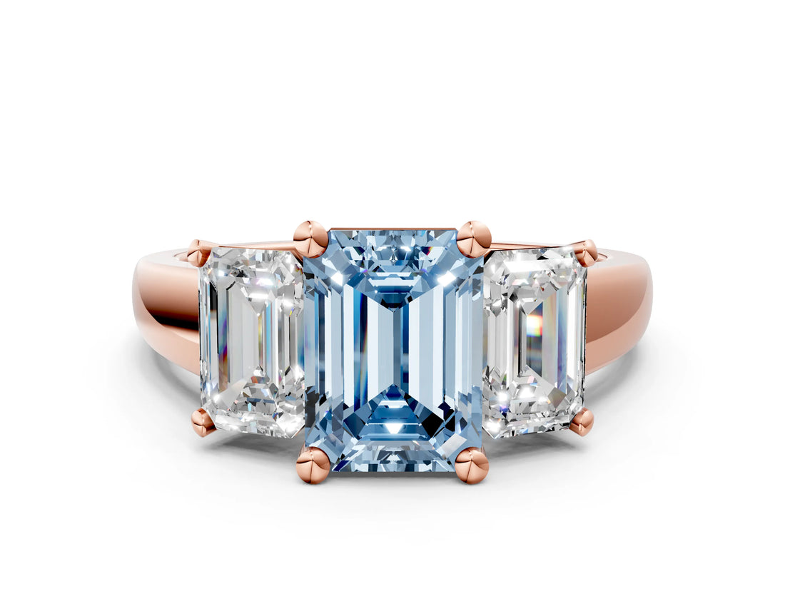 Rose gold Three-Stone Fancy Blue Emerald Cut Cut Solitaire Ring with Classic Prong Setting