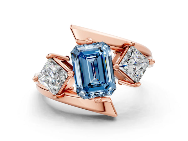Rose gold Three-Stone Fancy Blue Emerald Cut Cut Tension Band Ring with Four-Prong Setting
