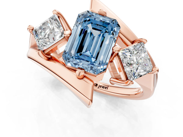 Rose gold Three-Stone Fancy Blue Emerald Cut Cut Tension Band Ring with Four-Prong Setting