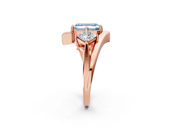 Rose gold Three-Stone Fancy Blue Emerald Cut Cut Tension Band Ring with Four-Prong Setting
