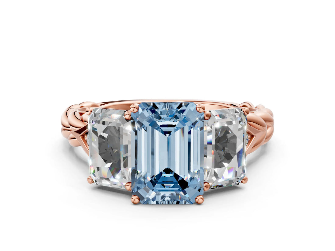 Rose gold Three-Stone Fancy Blue Emerald Cut Diamond Braided Band Ring with Four-Prong Setting_104
