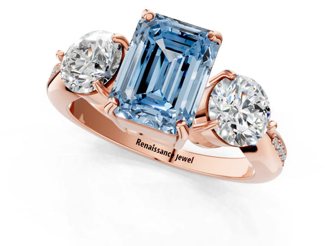 Rose gold Three-Stone Fancy Blue Emerald Cut Diamond Channel Set Engagement Ring with Prong Setting_1