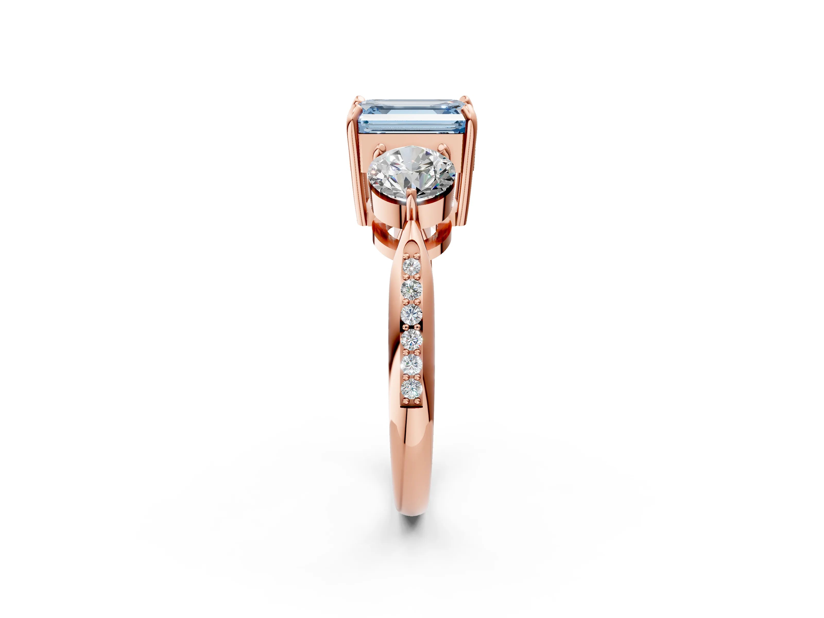 Rose gold Three-Stone Fancy Blue Emerald Cut Diamond Channel Set Engagement Ring with Prong Setting_2