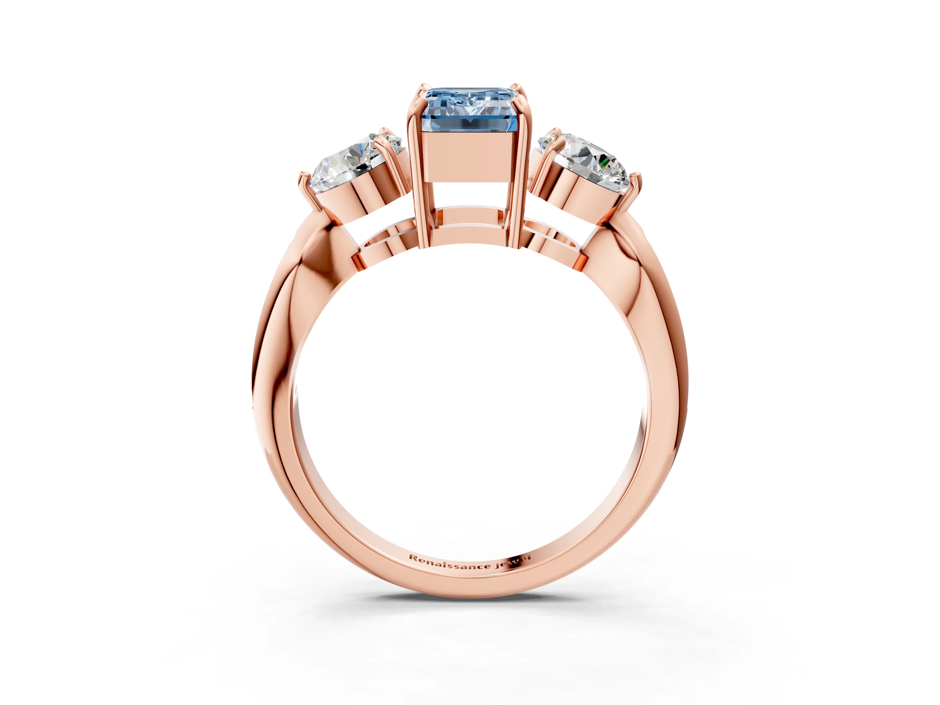 Rose gold Three-Stone Fancy Blue Emerald Cut Diamond Channel Set Engagement Ring with Prong Setting_3