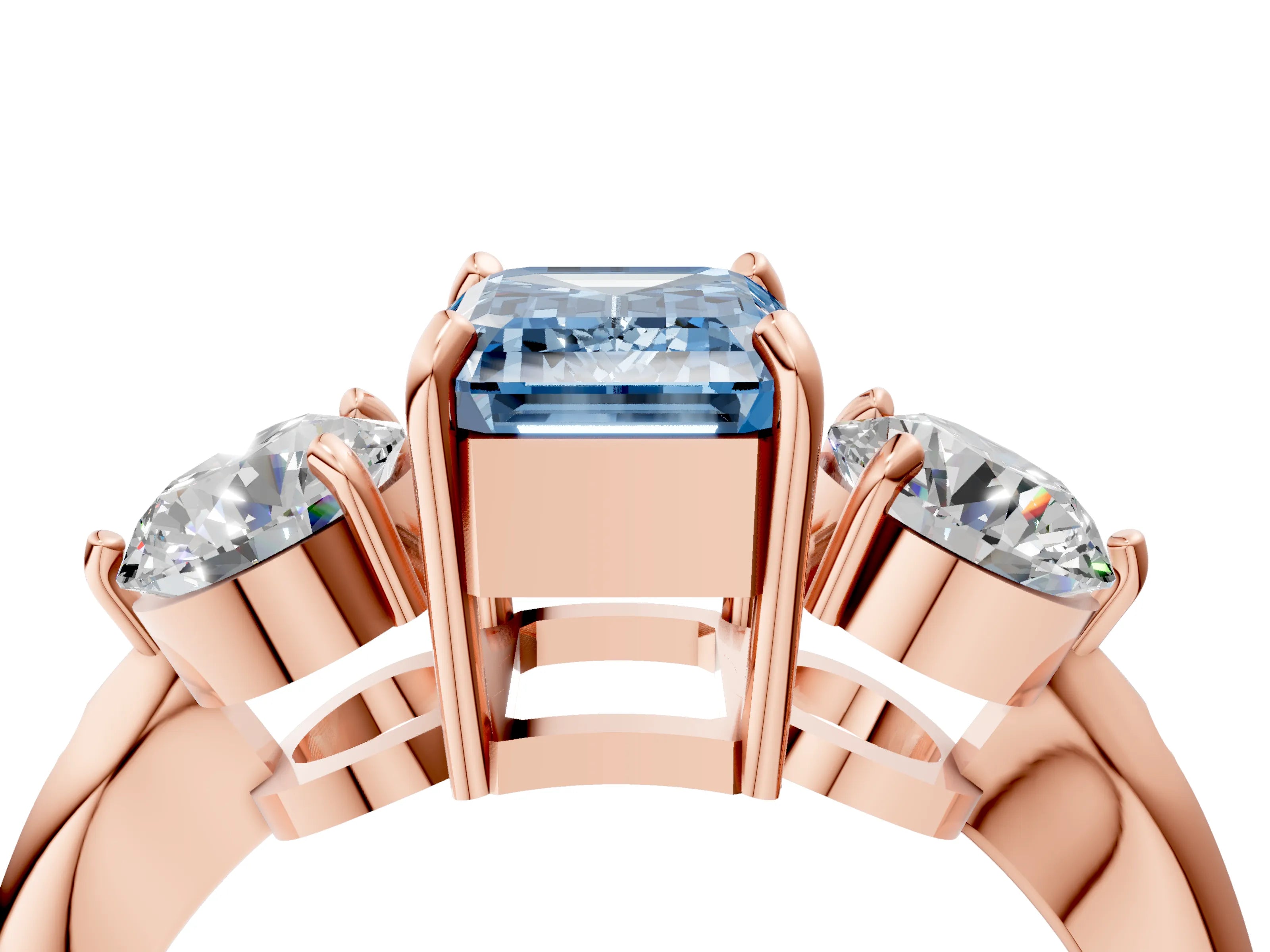 Rose gold Three-Stone Fancy Blue Emerald Cut Diamond Channel Set Engagement Ring with Prong Setting_4