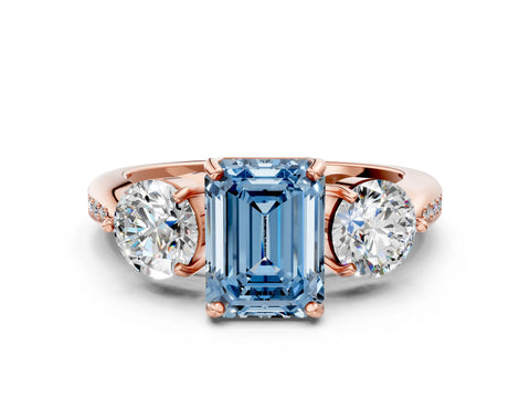 Rose gold Three-Stone Fancy Blue Emerald Cut Diamond Channel Set Engagement Ring with Prong Setting