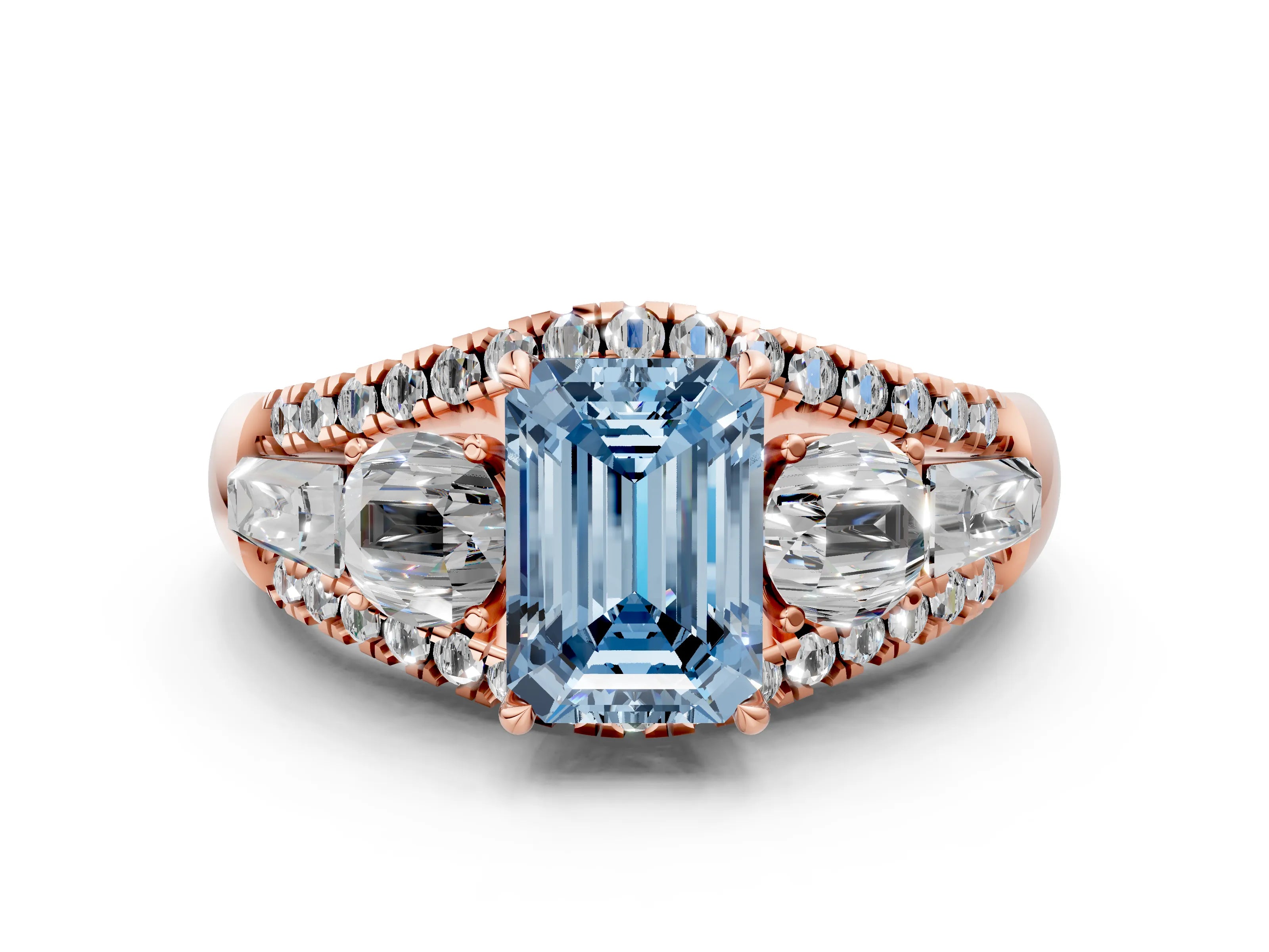 Rose gold Three-Stone Fancy Blue Emerald Cut Diamond Engagement Ring with Pave Band and Prong Setting_12