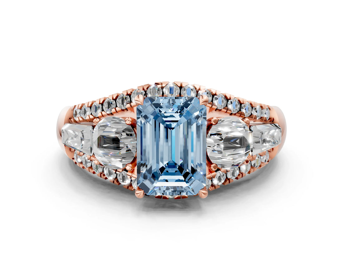 Rose gold Three-Stone Fancy Blue Emerald Cut Diamond Engagement Ring with Pave Band and Prong Setting_12