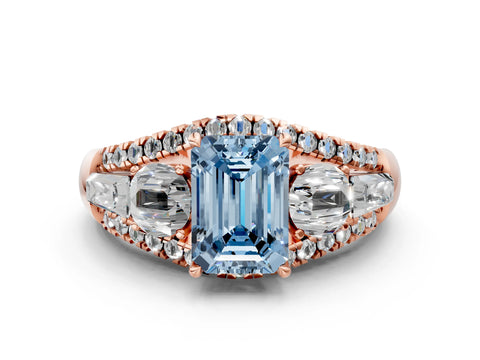 Rose gold Three-Stone Fancy Blue Emerald Cut Diamond Engagement Ring with Pave Band and Prong Setting_12