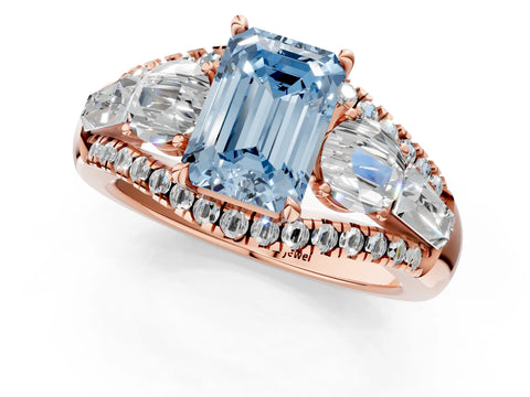 Rose gold Three-Stone Fancy Blue Emerald Cut Diamond Engagement Ring with Pave Band and Prong Setting_13