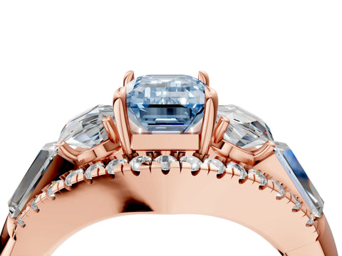 Rose gold Three-Stone Fancy Blue Emerald Cut Diamond Engagement Ring with Pave Band and Prong Setting_16