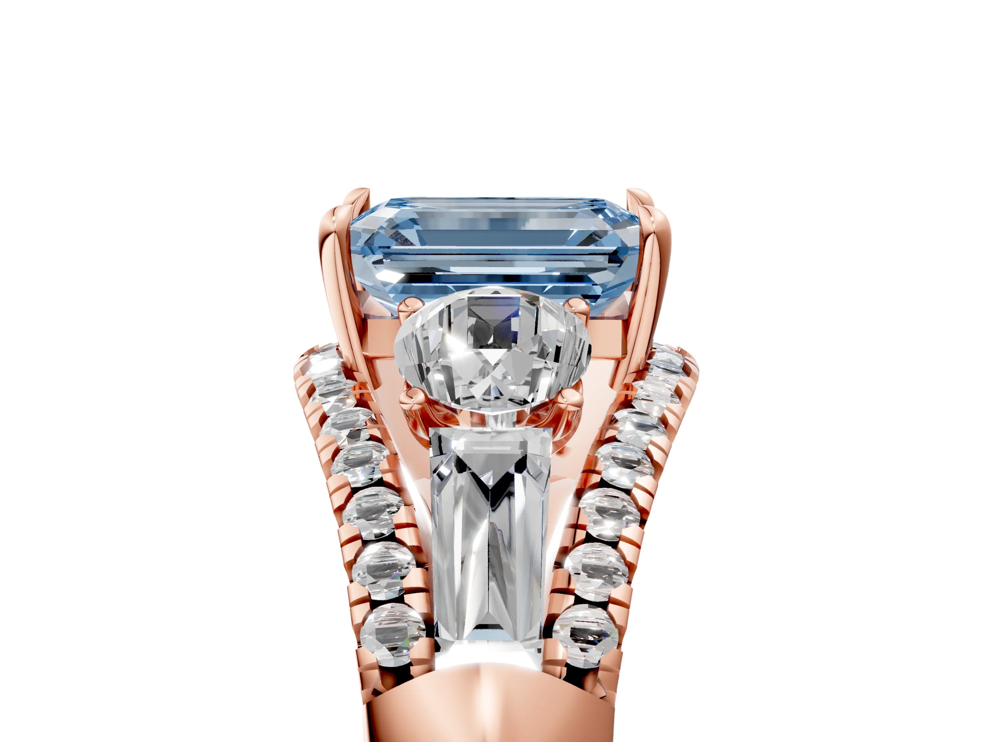 Rose gold Three-Stone Fancy Blue Emerald Cut Diamond Engagement Ring with Pave Band and Prong Setting_17