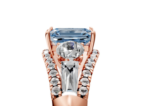 Rose gold Three-Stone Fancy Blue Emerald Cut Diamond Engagement Ring with Pave Band and Prong Setting_17