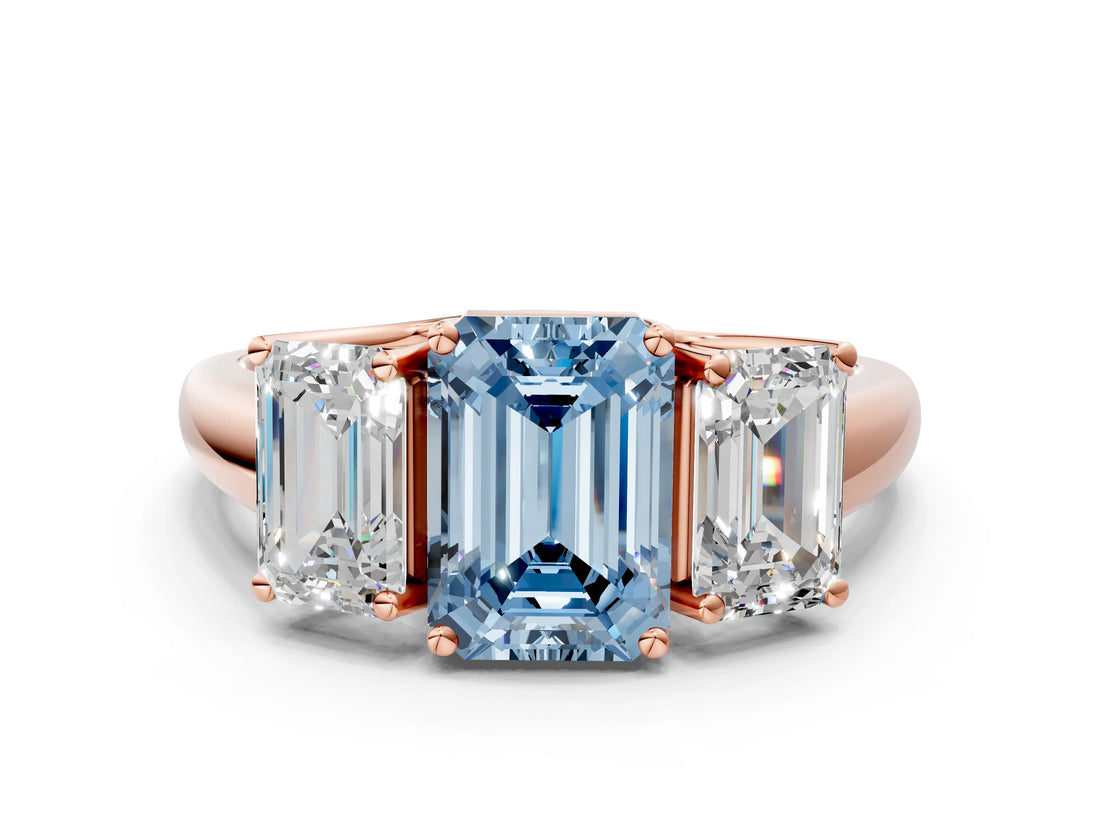 Rose gold Three-Stone Fancy Blue Emerald Cut Diamond Engagement Ring with Prong Setting_3