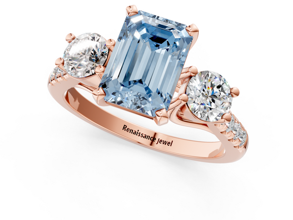 Rose gold Three-Stone Fancy Blue Emerald Cut Diamond Pavé Band with Four-Prong Setting