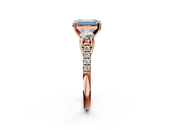 Rose gold Three-Stone Fancy Blue Emerald Cut Diamond Pavé Band with Four-Prong Setting