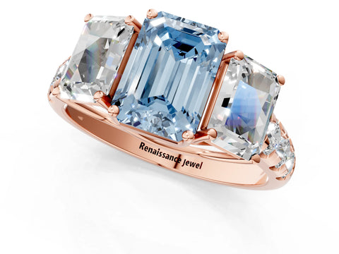 Rose gold Three-Stone Fancy Blue Emerald Cut Diamond Pavé Band with Prong Setting_1