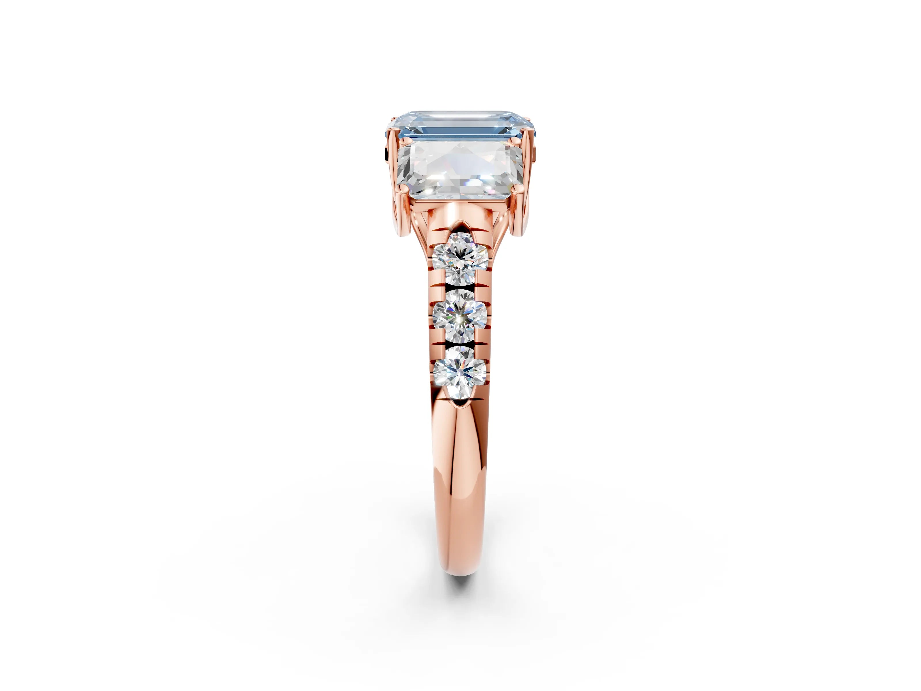 Rose gold Three-Stone Fancy Blue Emerald Cut Diamond Pavé Band with Prong Setting_2