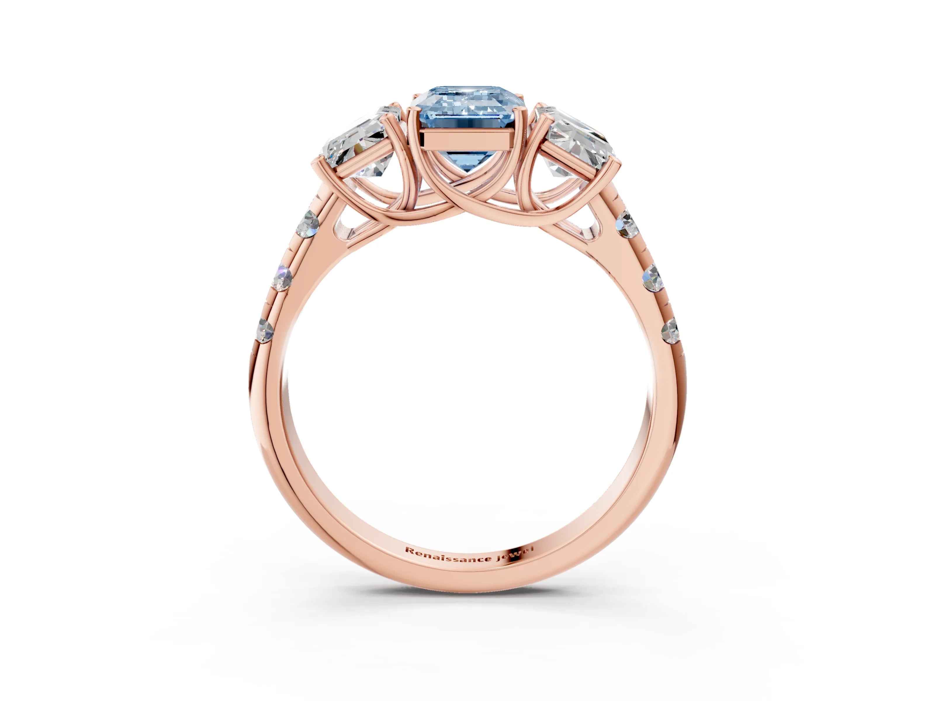 Rose gold Three-Stone Fancy Blue Emerald Cut Diamond Pavé Band with Prong Setting_3