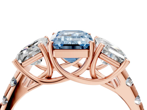 Rose gold Three-Stone Fancy Blue Emerald Cut Diamond Pavé Band with Prong Setting_4
