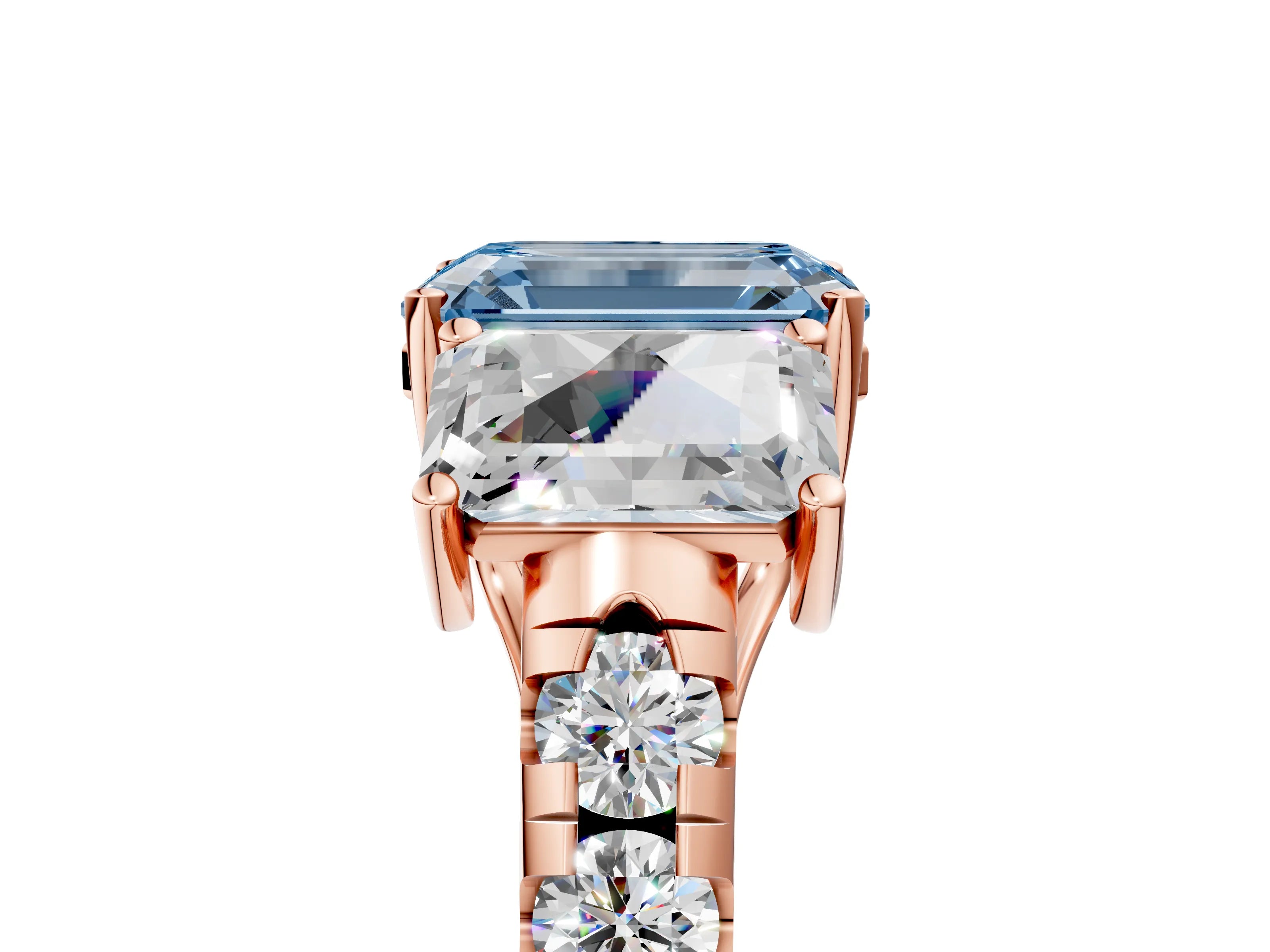 Rose gold Three-Stone Fancy Blue Emerald Cut Diamond Pavé Band with Prong Setting_5