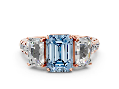Rose gold Three-Stone Fancy Blue Emerald Cut Diamond Pavé Band with Prong Setting
