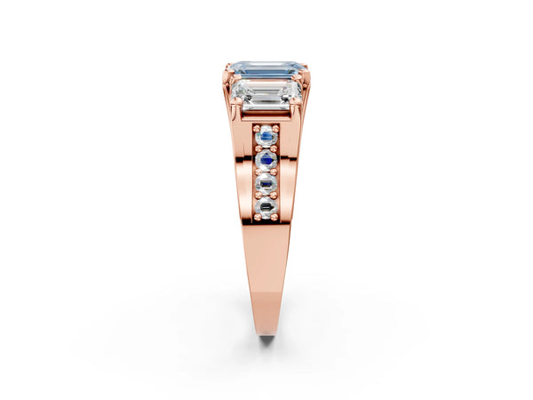 Rose gold Fancy Blue Emerald Cut Diamond Three-Stone Ring with Channel Set Band and Four-Prong Setting