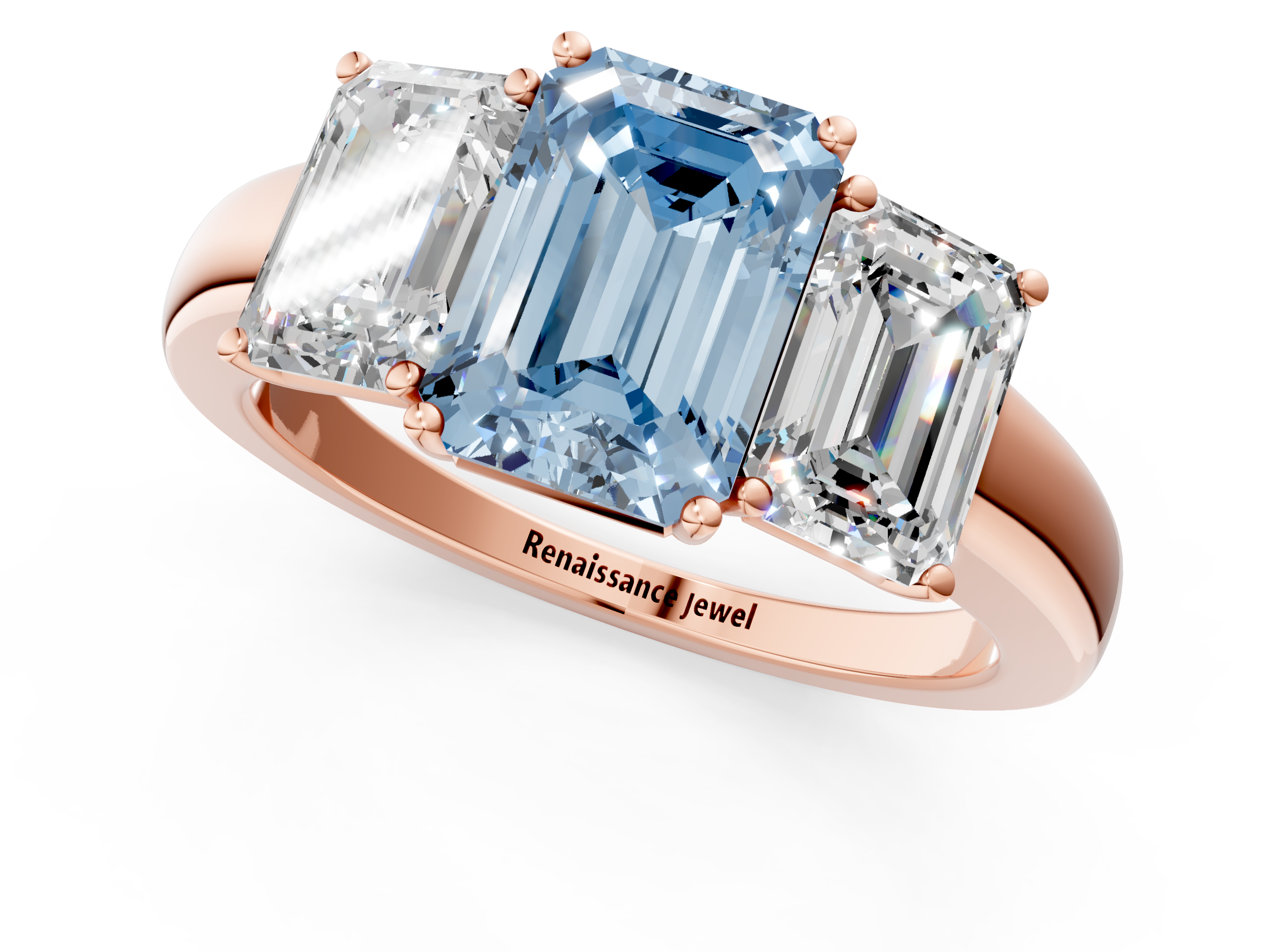 Rose gold Three-Stone Fancy Blue Emerald  Cut Diamond Ring with Channel-Set Band and Four-Prong Setting_65