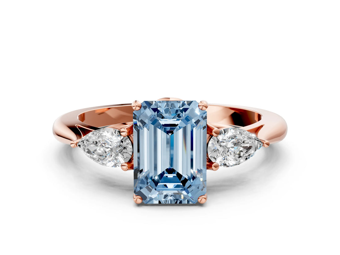 Rose gold Three-Stone Fancy Blue Emerald Cut Diamond Ring with Pear  Side Stones in Four-Prong Setting_36