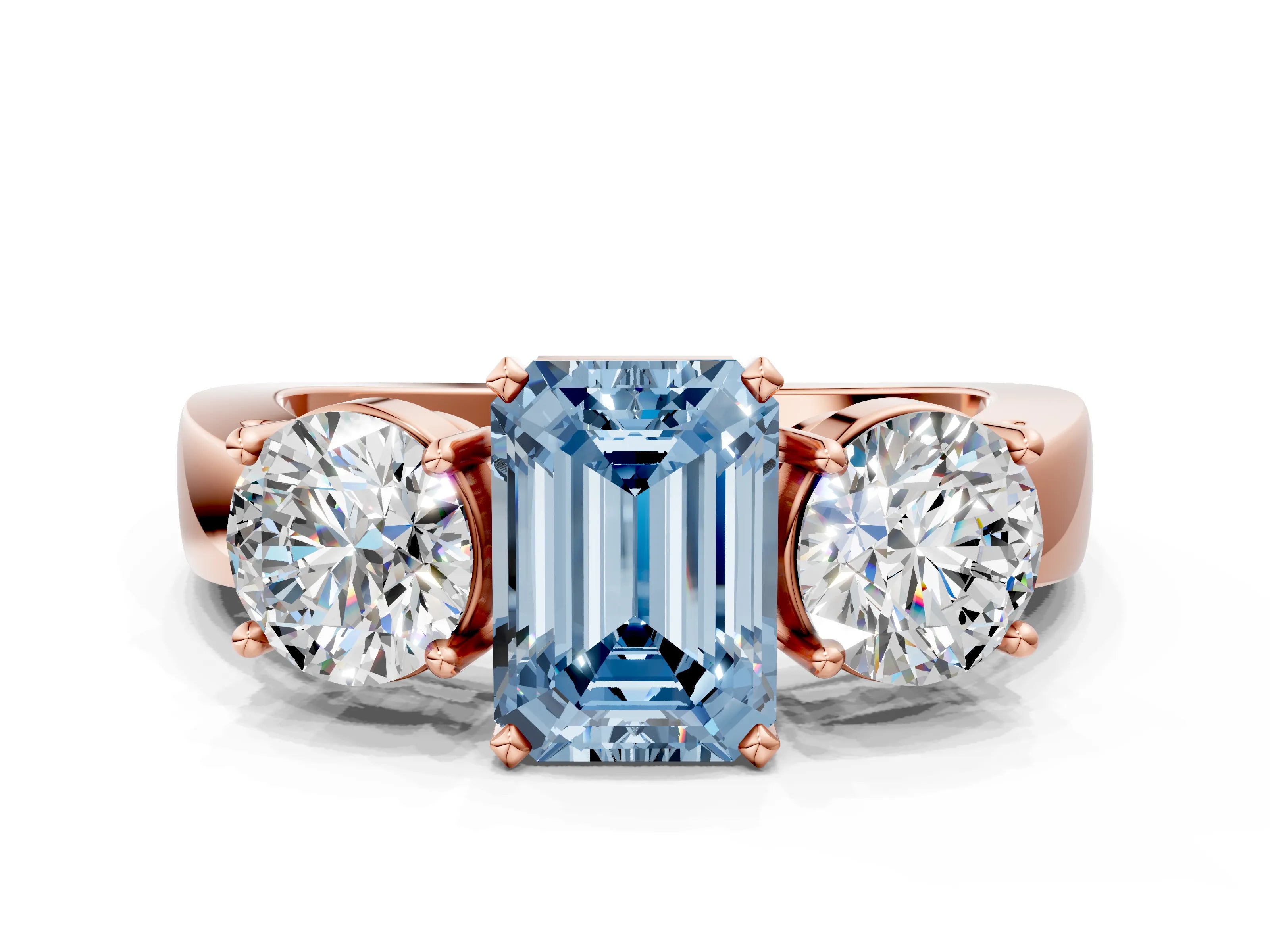 Rose gold Three-Stone Fancy Blue Emerald Cut Diamond Ring with Round Side Stones, Classic Band, and Four-Prong Setting