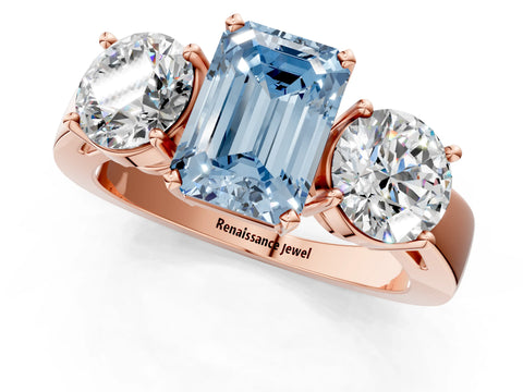 Rose gold Three-Stone Fancy Blue Emerald Cut Diamond Ring with Round Side Stones, Classic Band, and Four-Prong Setting_1