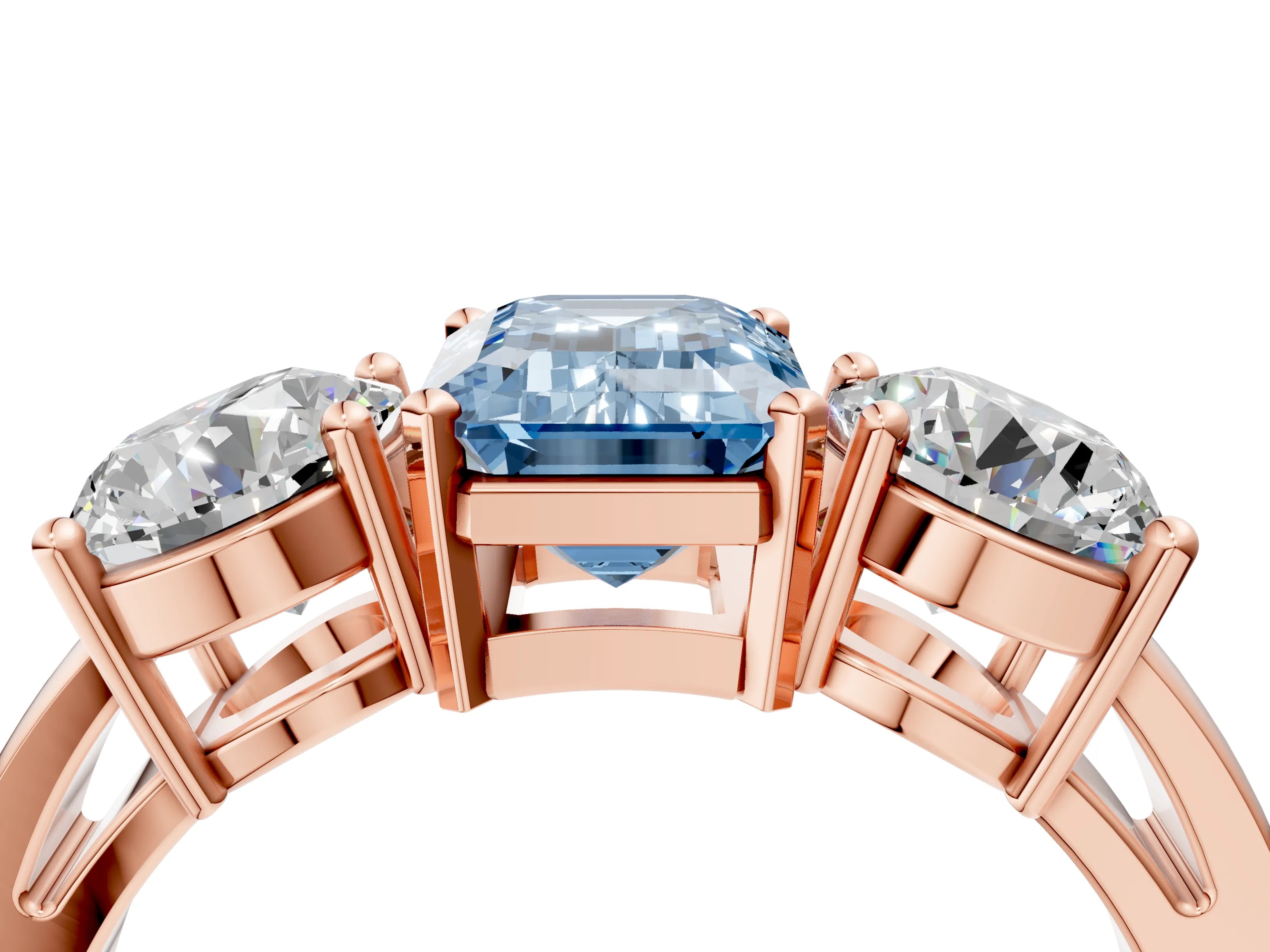 Rose gold Three-Stone Fancy Blue Emerald Cut Diamond Ring with Round Side Stones, Classic Band, and Four-Prong Setting_4