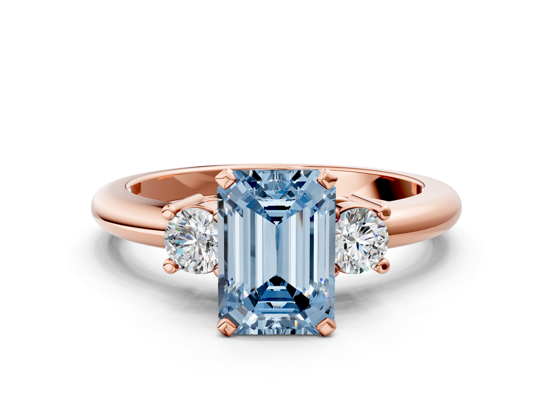 Rose gold Three-Stone Fancy Blue Emerald  Cut Diamond Solitaire with Prong Setting and Classic Band_46
